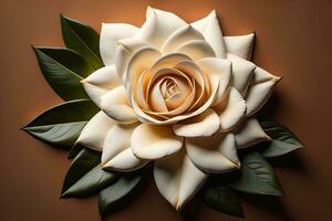 AI generated White rose with green leaves on a solid color background, top view. ai generative photo