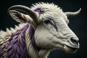 AI generated Portrait of a white goat with purple horns on a black background. ai generated photo