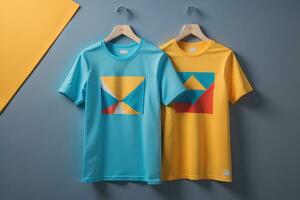 AI generated Blue and yellow t-shirts hanging on hangers against grey wall. generative ai photo