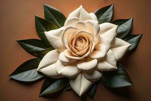 AI generated White rose with green leaves on a solid color background, top view. ai generative photo