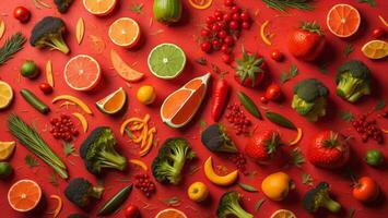 AI generated Flat lay composition with fresh fruits and vegetables on color background, top view. generative ai photo