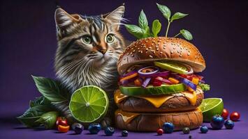 AI generated Cat and hamburger with vegetables and fruits on a purple background. generative ai photo