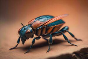 AI generated Macro shot of a beetle on wooden background. Shallow depth of field. generative ai photo