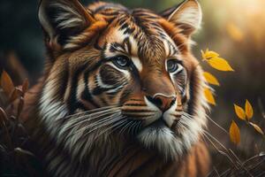 AI generated Portrait of a beautiful tiger on a background of autumn leaves. generative ai photo