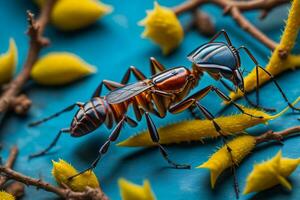 ai generado macro Disparo de un marrón hormiga en un rama con amarillo flores generativo ai foto