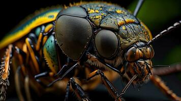 AI generated Close-up of the head of a hornet beetle on black background. generative ai photo