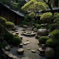 AI generated Japanese garden with green plants and stone path. generative ai photo