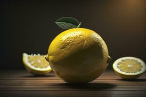 AI generated Lemons with leaves on a wooden table. ai generative photo