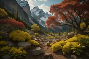 AI generated Fantasy landscape with mountains and flowers. generative ai photo