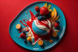 ai generado azul magdalena con azotado crema y frutas en un rojo antecedentes. ai generado foto