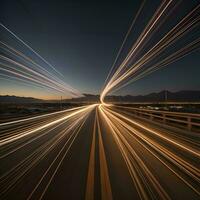 ai generado coche ligero caminos en el puente a noche, largo exposición foto. generativo ai foto