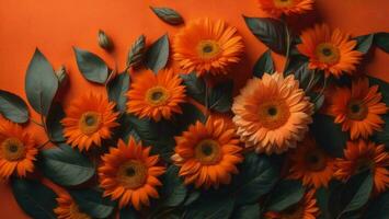 AI generated Orange gerbera flowers on orange background. Flat lay, top view. ai generated photo