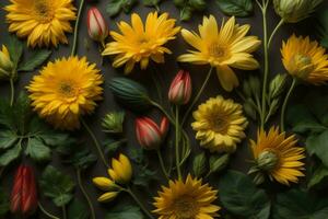 AI generated Flowers composition. Yellow flowers and red tulips on gray background. Flat lay, top view. generative ai photo