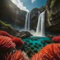 AI generated Tropical waterfall with red coral reef. generative ai photo