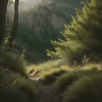 AI generated Hiking trail in the mountains in the rays of the setting sun. generative ai photo