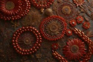 AI generated Wooden background with flowers, leaves and beads. Top view. generative ai photo