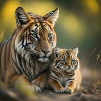 AI generated Siberian Tiger and cub, Panthera tigris altaica. generative ai photo