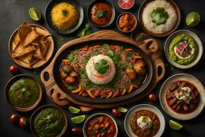 AI generated Indian food on a black background. Top view of Indian food. generative ai photo