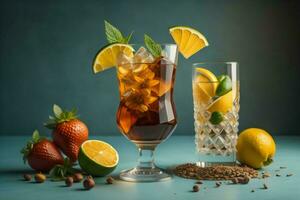 AI generated Glasses of Cuba Libre cocktail with ice and fruits on blue background. ai generated photo