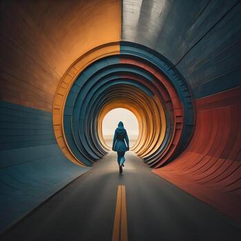 AI generated Conceptual image of a woman walking through an empty tunnel. generative ai photo