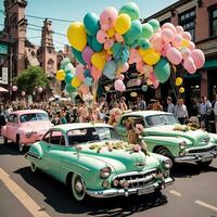 AI generated Vintage car parade in London. generative ai photo