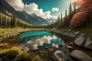 AI generated Beautiful landscape of mountain lake with reflection in water. generative ai photo