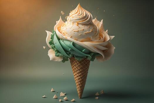 AI generated Ice cream in waffle cone on blue background, top view, flat lay. ai generative photo