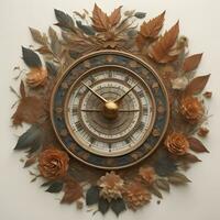 AI generated Vintage clock with autumn leaves and flowers on a white background. generative ai photo