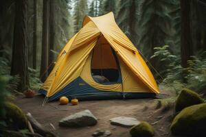 AI generated Camping tent in the forest. Travel and adventure concept. Vintage tone. generative ai photo