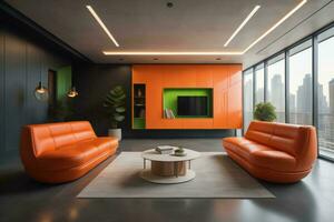 AI generated Interior of modern living room with black and orange walls, concrete floor, orange sofa standing near round coffee table and TV. ai generated photo