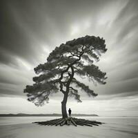 AI generated Conceptual black and white picture of lonely pine tree on sea shore. generative ai photo