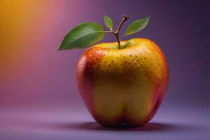 AI generated Red apple with green leaf on purple background, ai generated photo