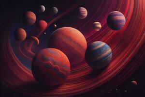 AI generated planets in space with red and orange color background. generative ai photo