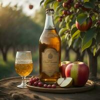 ai generado botella de manzana sidra y manzanas en de madera mesa en huerta. generativo ai foto