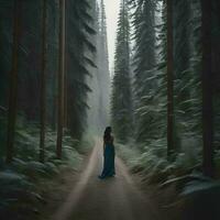 AI generated Woman in a long blue dress walking in a foggy forest. generative ai photo