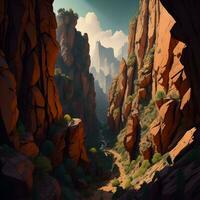 AI generated Fantasy landscape with red rocks and blue sky. generative ai photo