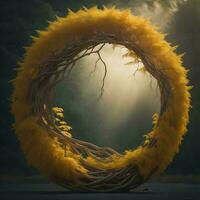 AI generated Wicker wreath in the forest at sunset. generative ai photo