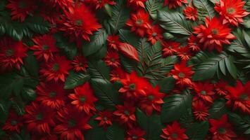 AI generated Flowers composition. Red flowers on green leaves background. Flat lay, top view, copy space. generative ai photo
