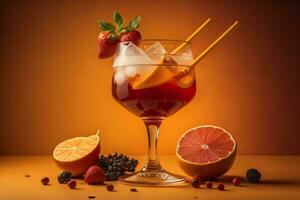 AI generated Cocktail with berries, fruits and ice on orange background. generative ai photo