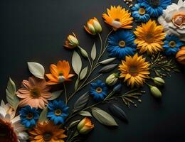 AI generated Colorful flowers composition on black background. Flat lay, top view. generative ai photo