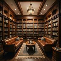 AI generated Interior of a library with bookshelves and leather armchairs. generative ai photo