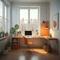 AI generated Modern office interior with wooden floor, panoramic window and city view. generative ai photo