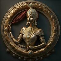 AI generated Thai style female statue in golden frame on dark background. generative ai photo