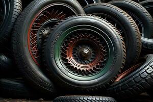 AI generated Old car tires, close-up. Auto service industry background. ai generated photo