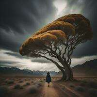 AI generated Conceptual image of a woman standing in the middle of a desert with a big tree. generative ai photo