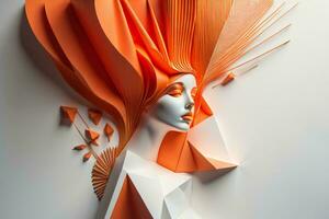AI generated a female face made of paper with orange hair on white background. generative ai photo