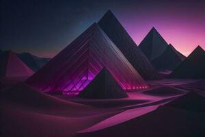 AI generated pyramids in the desert at night with neon lights. ai generated photo