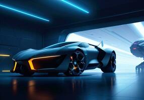 AI generated Futuristic black sports car in neon light. ai generative photo