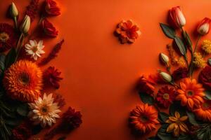 AI generated Flowers composition. Frame made of beautiful flowers on orange background. Flat lay, top view, copy space. generative ai photo