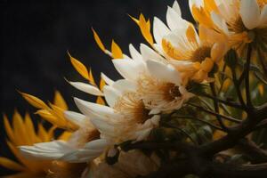 ai generado ramo de flores de amarillo y blanco flores en un oscuro antecedentes. generativo ai foto